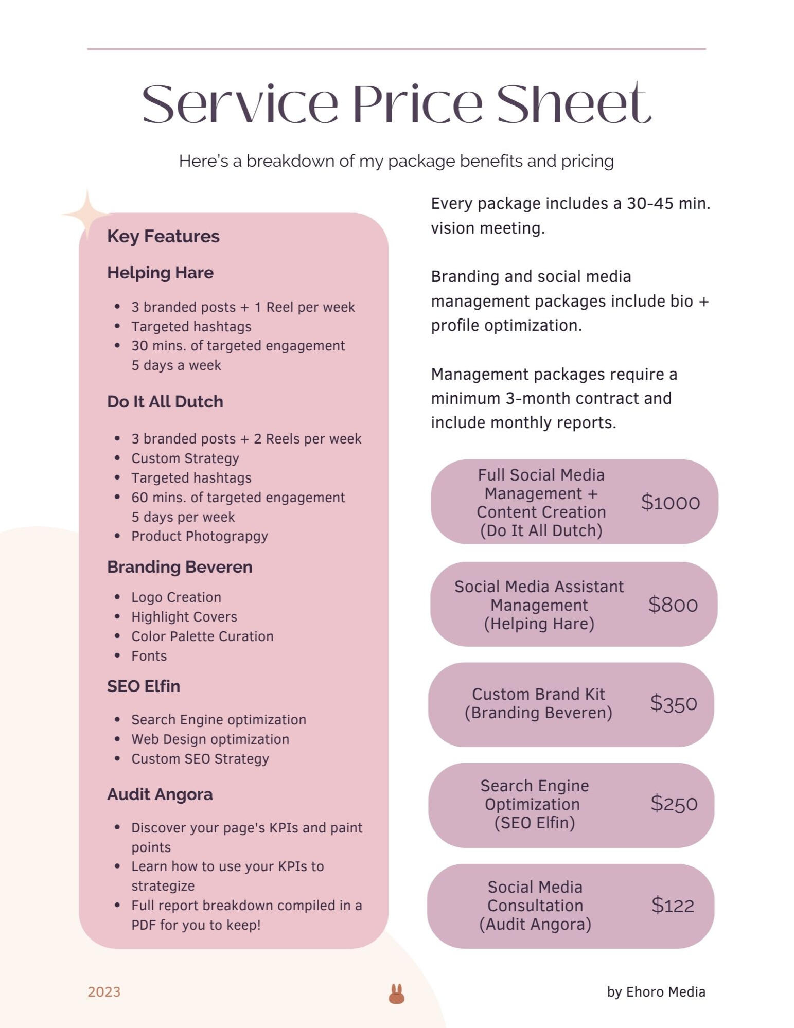 Ehoro Media Service Pricing Sheet
